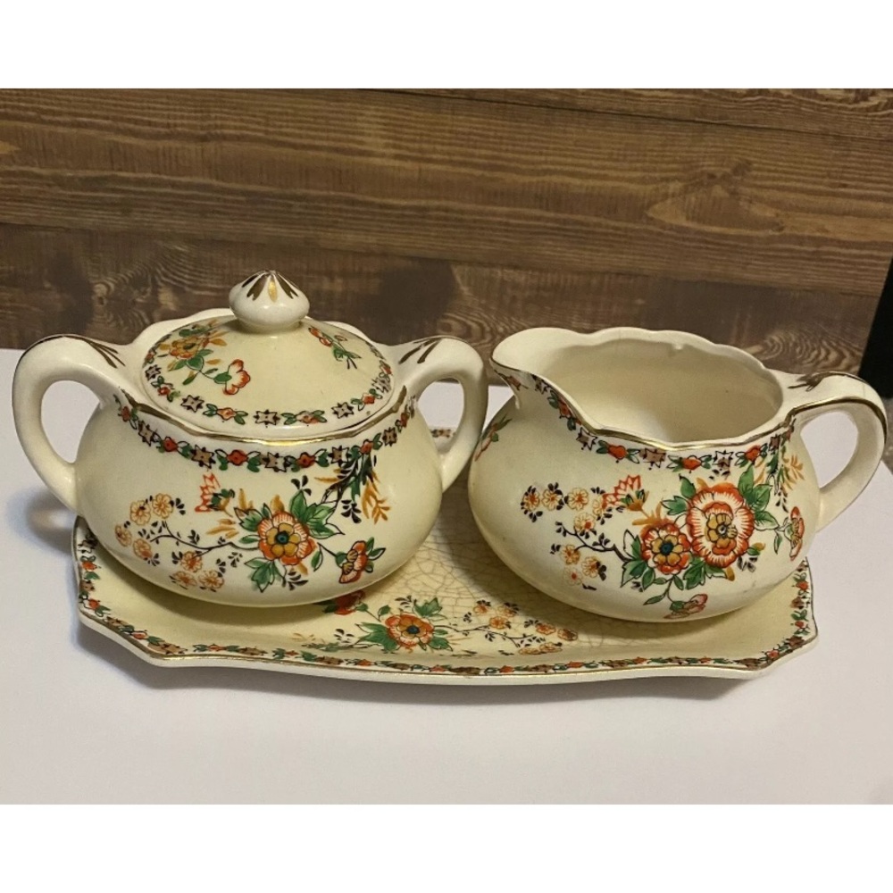 Floral Sugar And Creamer Set with Tray